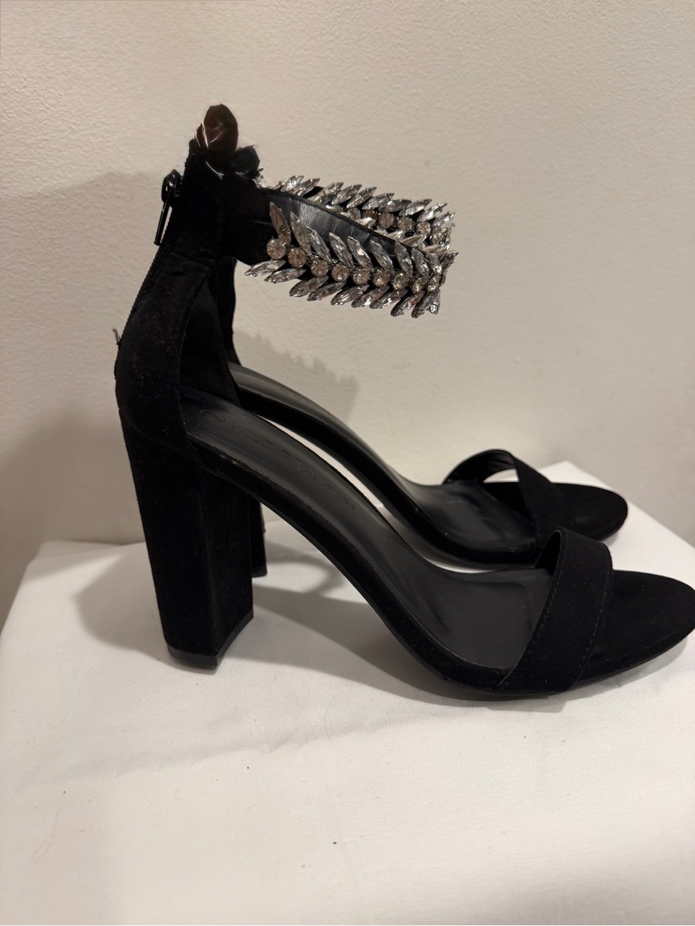 Black Suede High Block Heel Sandals with Crystal Ankle Accent